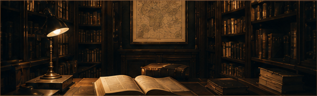 A quiet archival library with open books and lamplight
